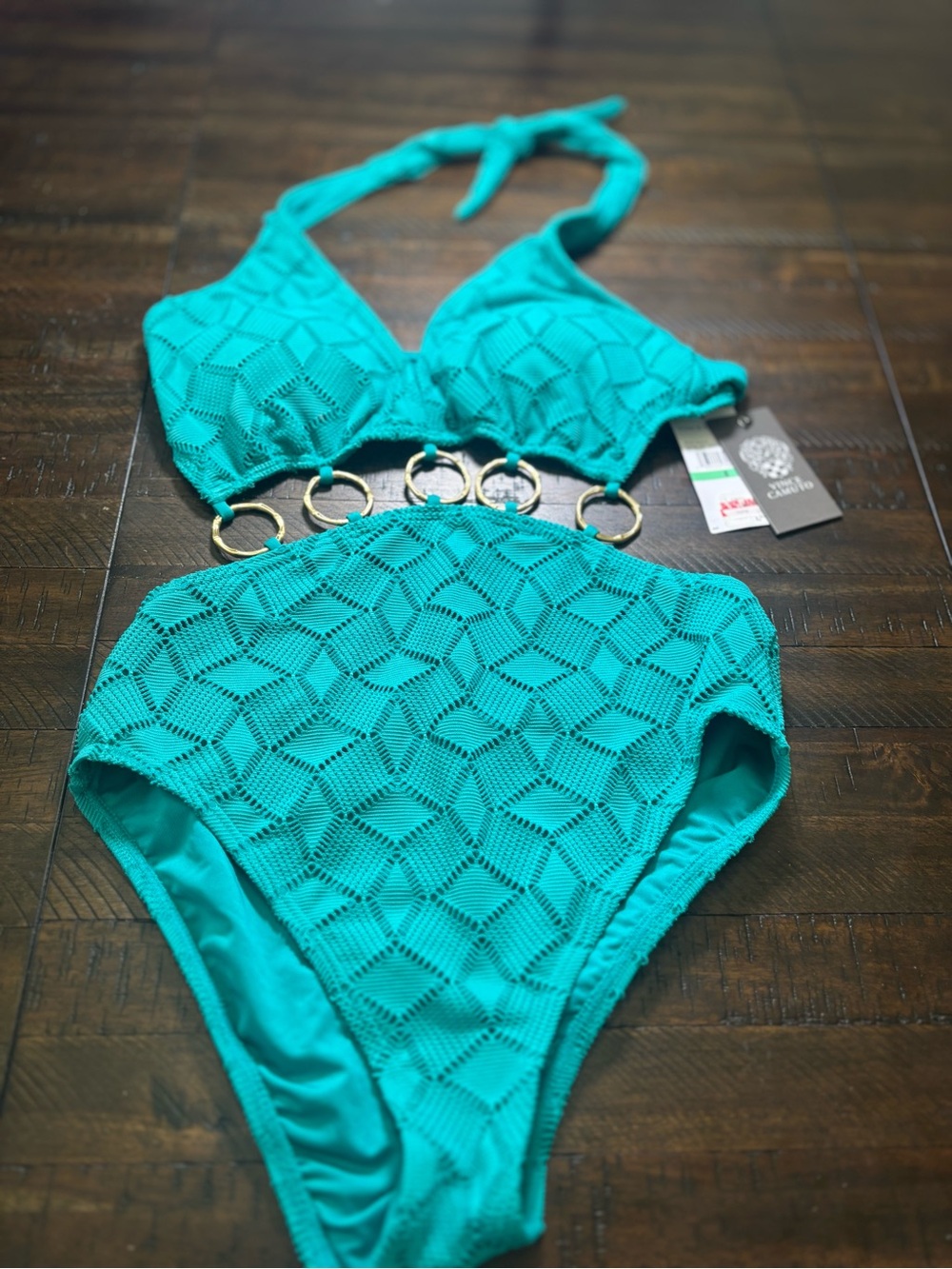 VINCE CAMUTO Teal Crochet One-Piece Swimsuit with Gold Ring Accents SIZE 8 #0025